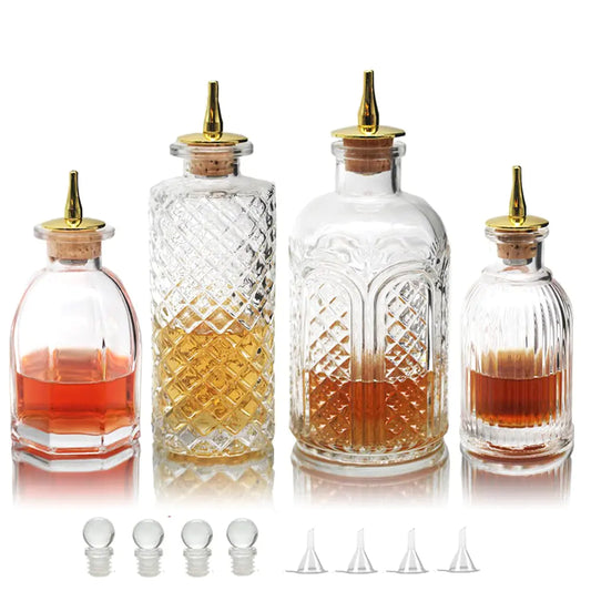 Bitters Bottle for Cocktails Set of 4 - Glass Dasher Bottles with Dash Tops Great for BartenderHome Bar